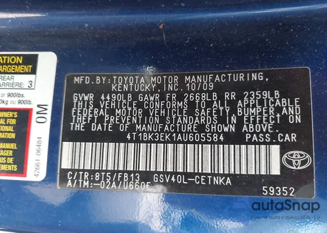 2010 Toyota Camry Le V6 из США, поврежденный, VIN 4T1BK3EK1AU605584